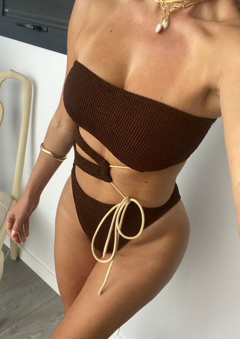 Strapless Cut Out Contrast Tie Onepiece in Chocolate Brown & Nude