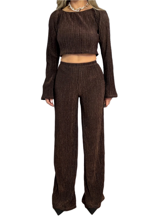 Flare Sleeve Top & Trouser Co-Ord in Bronze Plisse