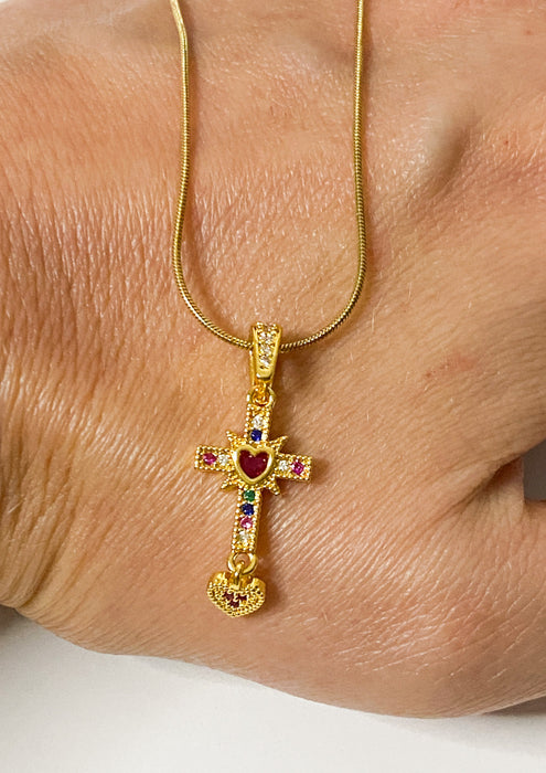 Jewelled Cross & Heart Necklace