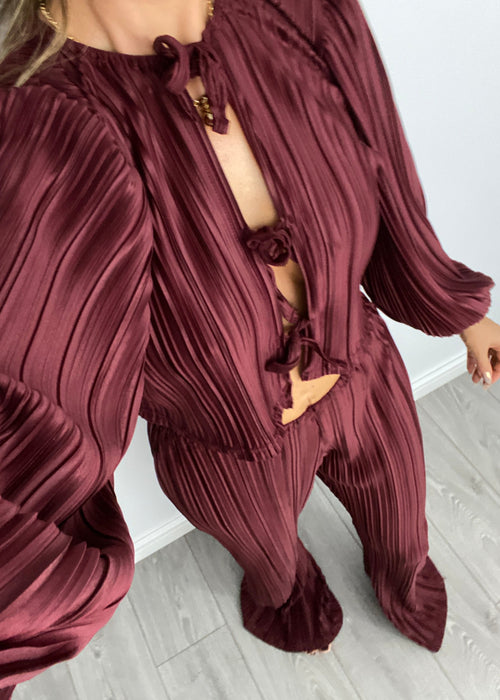 Tie Front Blouse & Trousers in Burgundy Plisse