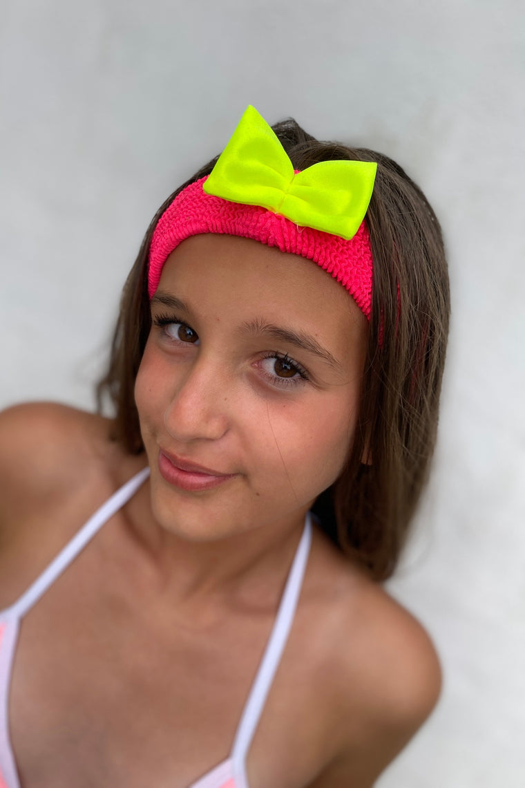 Crinkle Bow Headband Neon Coral & Yellow