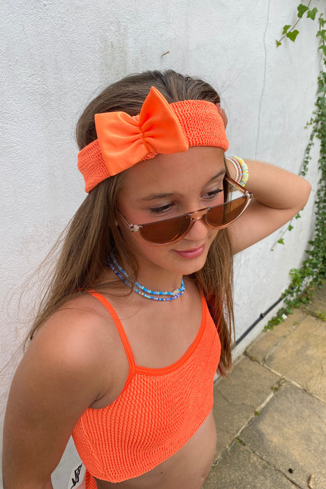 Crinkle Bow Headband Neon Orange