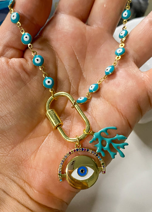 Coral & Evil Eyes Necklace