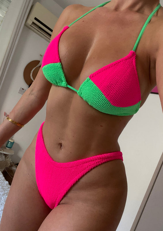 Patchwork Triangle Bikini in Neon Pink & Green