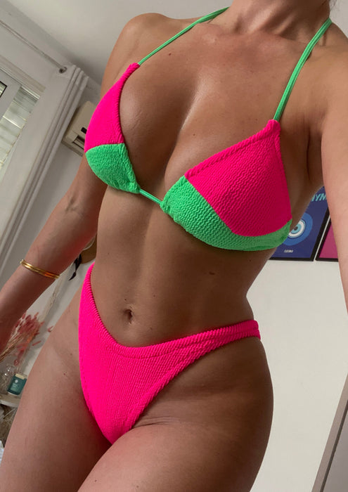 Patchwork Triangle Bikini in Neon Pink & Green