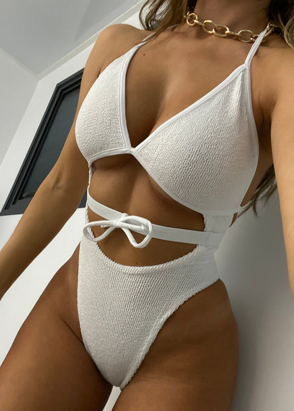 Cut Out Cinch Waist Onepiece in White Crinkle