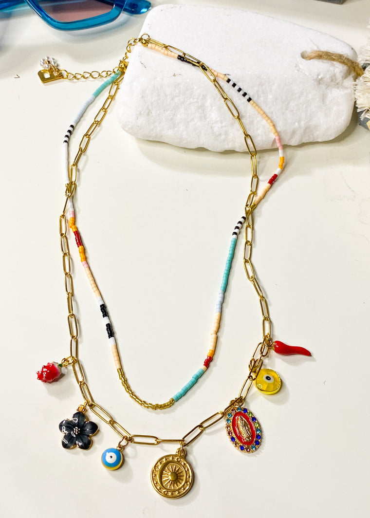 Colourful Double Strand Charm Necklace