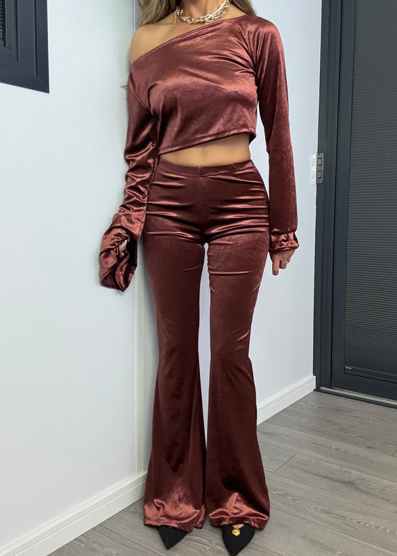 Flares & Frill Cuff Top Co-Ord in Wine Velvet