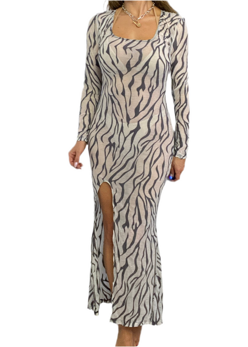 Long Sleeve Split Fishtail Maxi Dress in Zebra