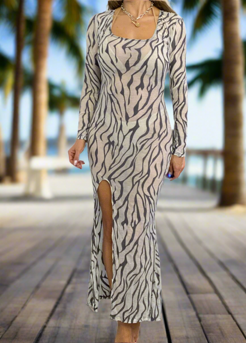 Long Sleeve Split Fishtail Maxi Dress in Zebra