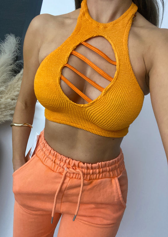 Caged Halter Crinkle Crop Top in Burnt Orange