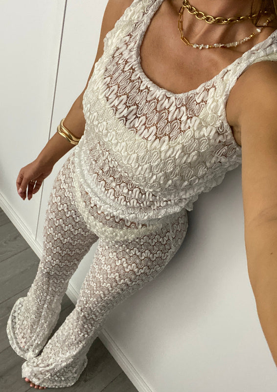 Crochet Lace Flares & Ruch Vest Set in White and Silver