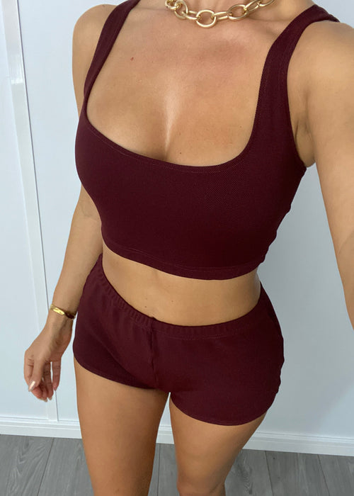 Square Neck Mini Shorts Set Burgundy