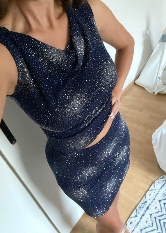 Y2K Co-Ord in Navy Starburst Glitter