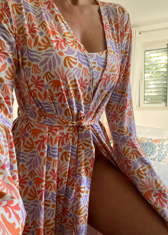 Cami Swimsuit & Maxi Kimono in Coral Print