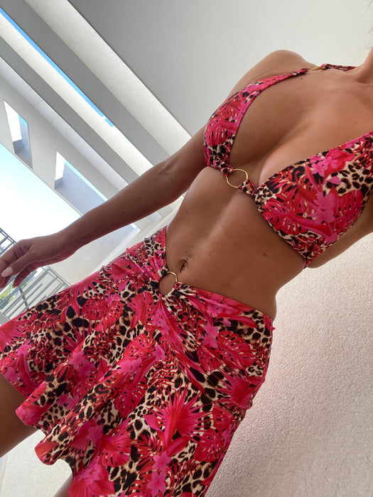 Bikini & Flippy Skirt Set in 90s Leopard Floral Print