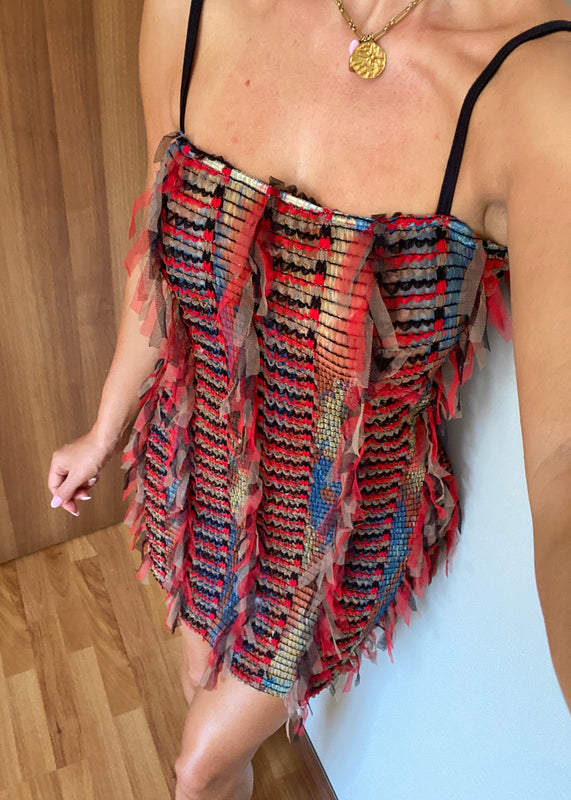 Textured Fringe Knit Mini Dress