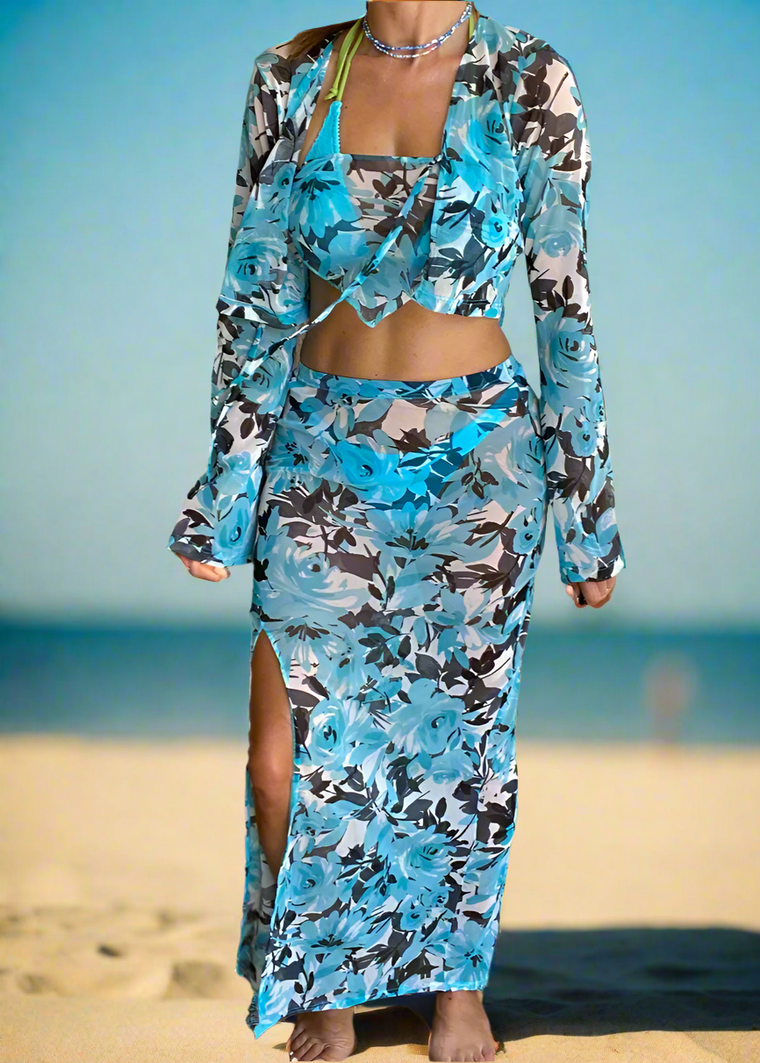 3 Piece Maxi Skirt Co-Ord in Floral Mesh