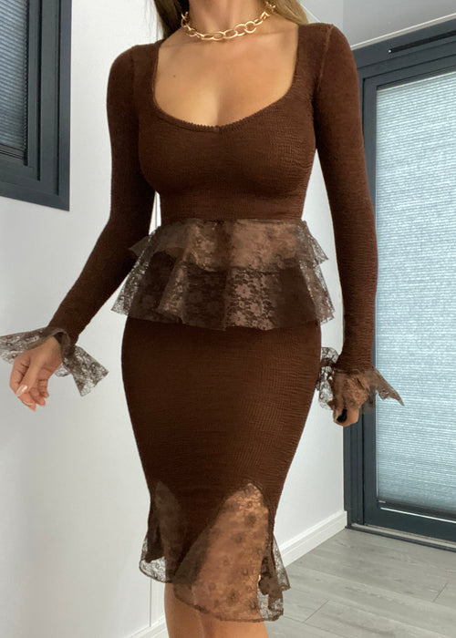 Lace Peplum Midi Skirt Set in Chocolate Brown