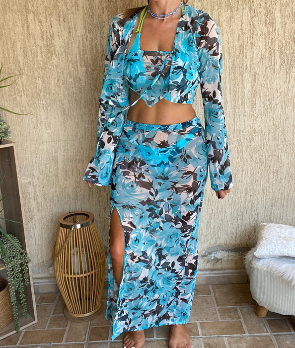 3 Piece Maxi Skirt Co-Ord in Floral Mesh