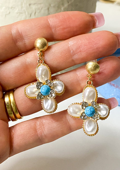 Pearl Cross Drop Earrings