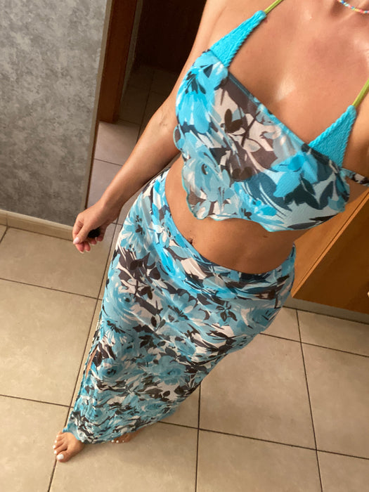 3 Piece Maxi Skirt Co-Ord in Floral Mesh