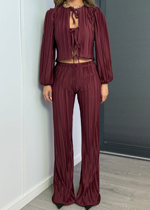 Tie Up Blouse & Trousers Set Burgundy Plisse