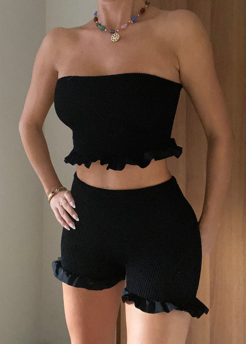 Mini Peplum Bandeau & Shorts Set in Black