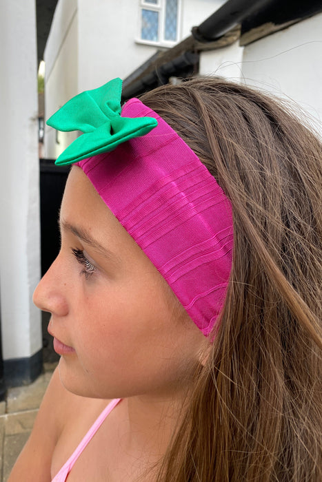 Diadema con lazo de licra acanalada en fucsia y verde