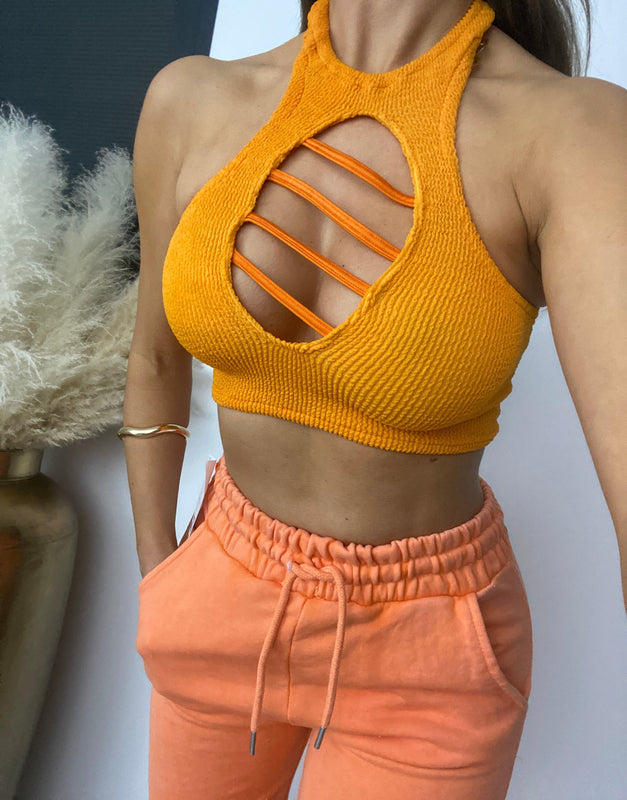 Caged Halter Crinkle Crop Top in Burnt Orange