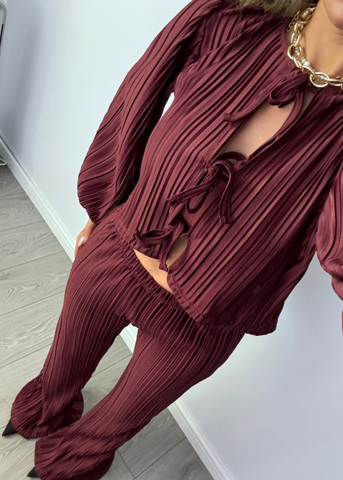 Tie Up Blouse & Trousers Set Burgundy Plisse