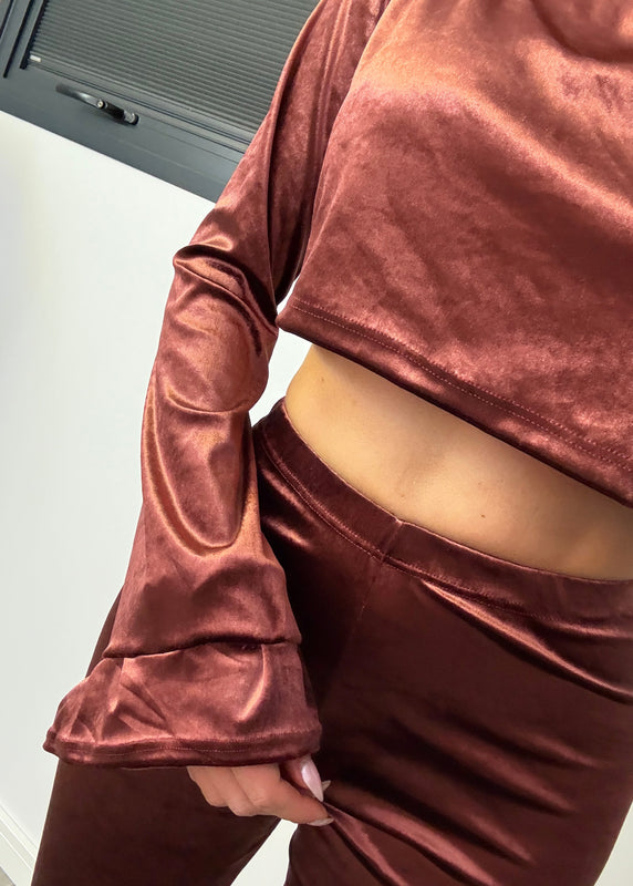 Flares & Frill Cuff Top Co-Ord in Wine Velvet