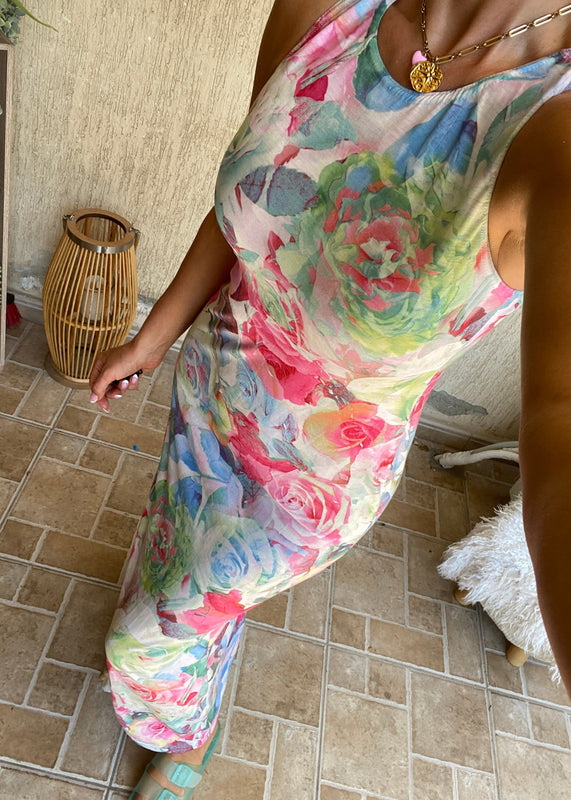 Crew Maxi Dress in Rose Blooms