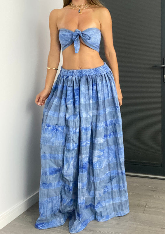 Senorita Full Maxi Peasant Skirt Co-Ord in Denim Blue Cotton & Lace