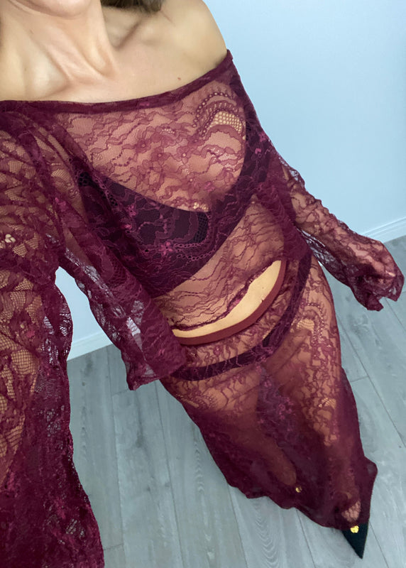 Lace Maxi Skirt Co-Ord in Burgundy