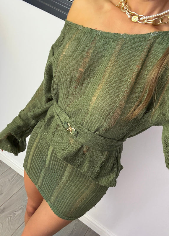 Belted Jumper & Mini Co-Ord Khaki Knit