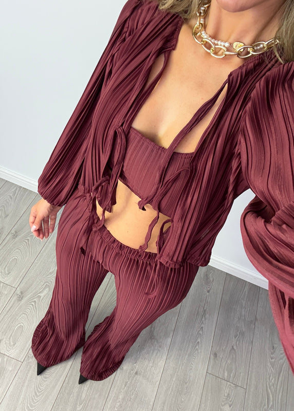 Tie Up Blouse & Trousers Set Burgundy Plisse