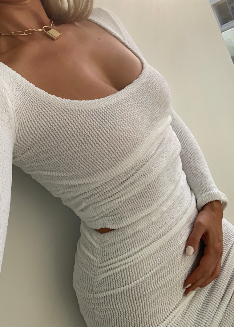 Ruched Long Sleeve Top in White Crinkle