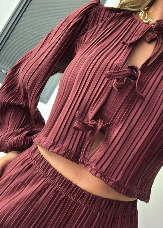 Tie Up Blouse & Trousers Set Burgundy Plisse