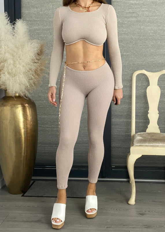 Underwire Crop Top & Chain Leggings in Nude Crinkle