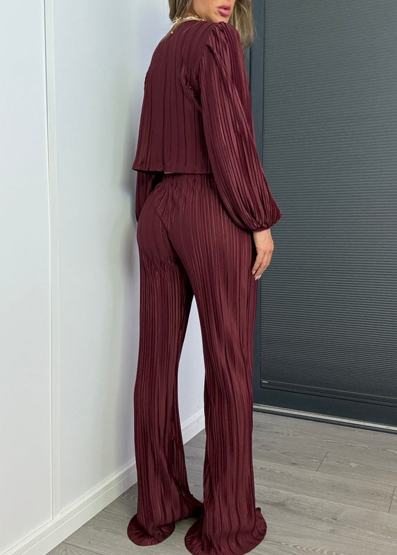 Tie Up Blouse & Trousers Set Burgundy Plisse