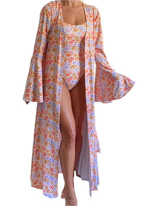 Cami Swimsuit & Maxi Kimono in Coral Print