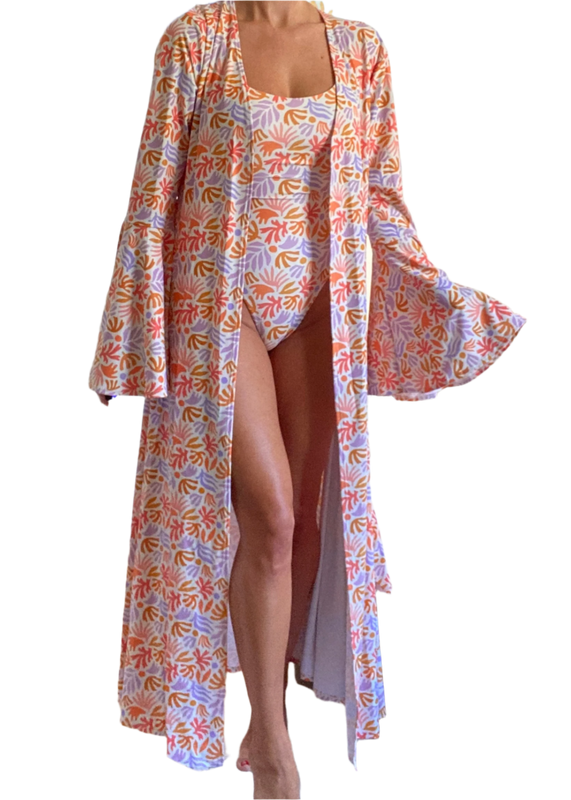 Cami Swimsuit & Maxi Kimono in Coral Print