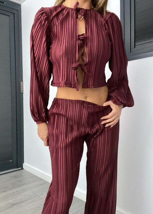 Tie Front Blouse & Trousers in Burgundy Plisse