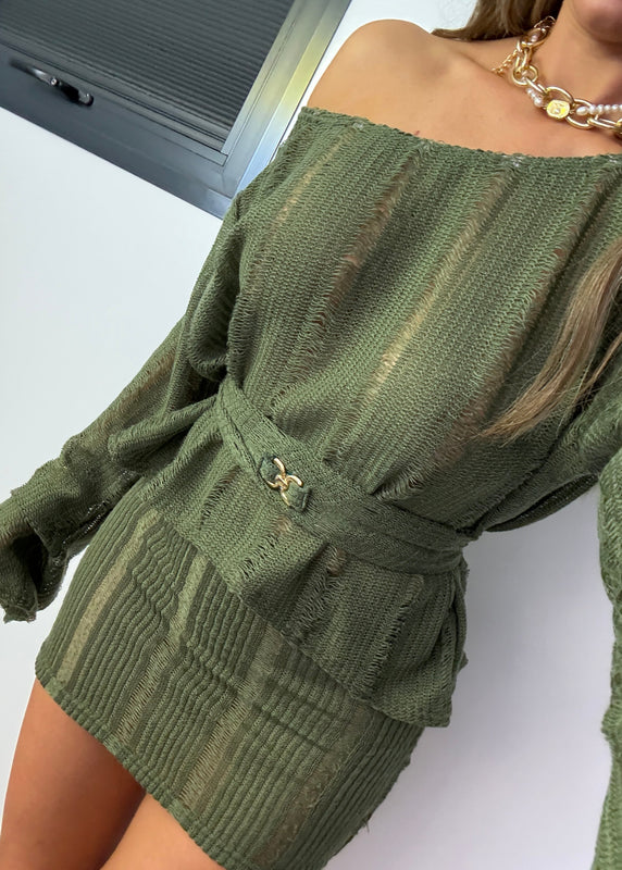 Belted Jumper & Mini Co-Ord Khaki Knit