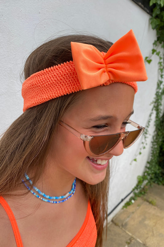 Crinkle Bow Headband Neon Orange