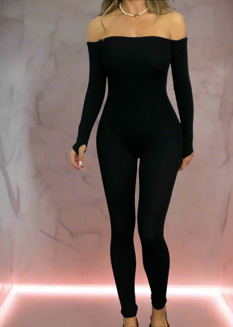 Bardot Catsuit in Black Crinkle