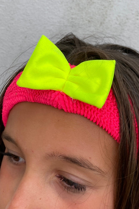 Crinkle Bow Headband Neon Coral & Yellow