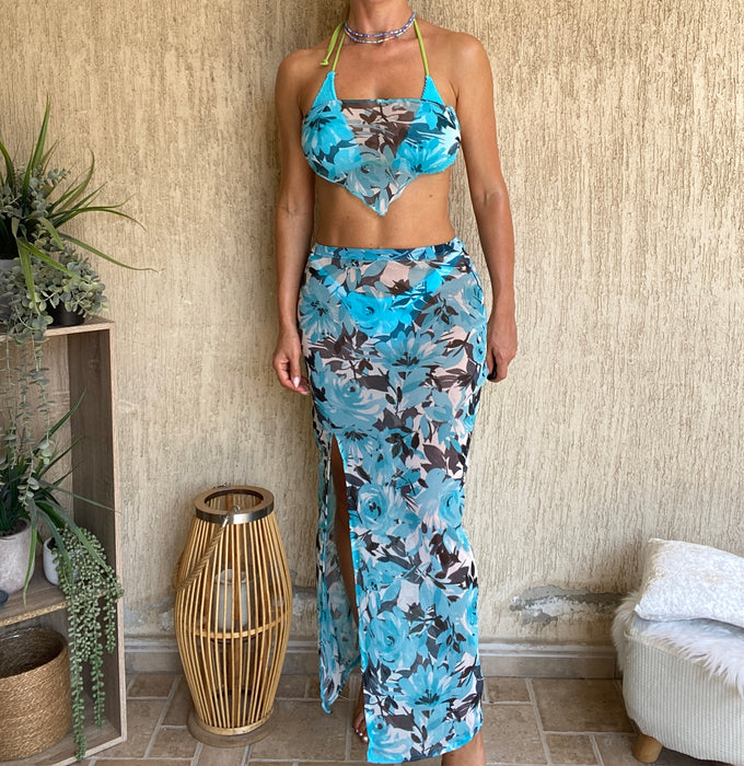 3 Piece Maxi Skirt Co-Ord in Floral Mesh