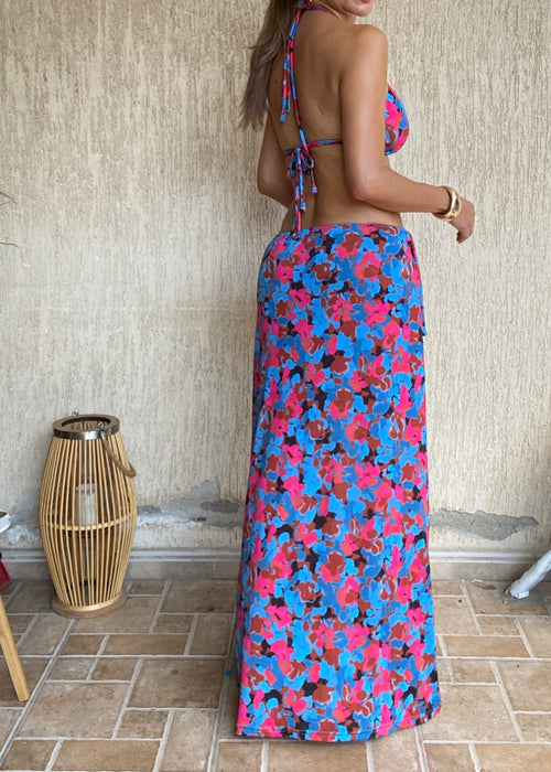 High Split Buckle Maxi Skirt in Blue Blurred Floral